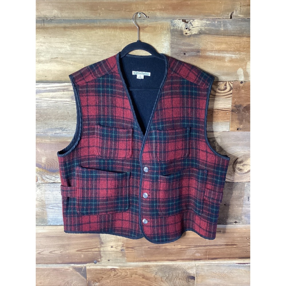 VTG Smith & Hawken Cabin Hunting Plaid Wool Button Vest Men's Size XL USA